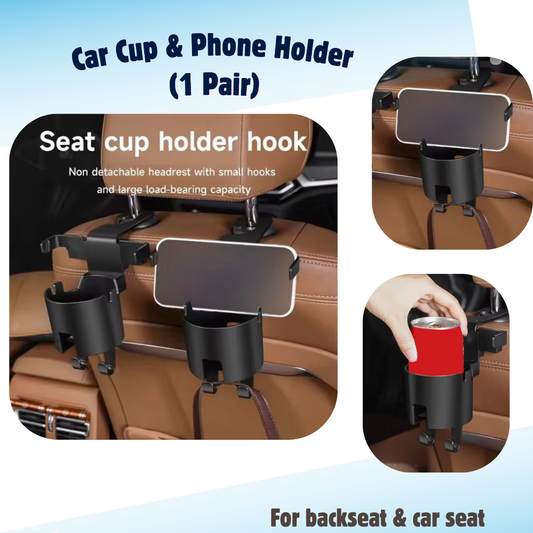 Cup & Phone Holder - For Car Hook & Backseat